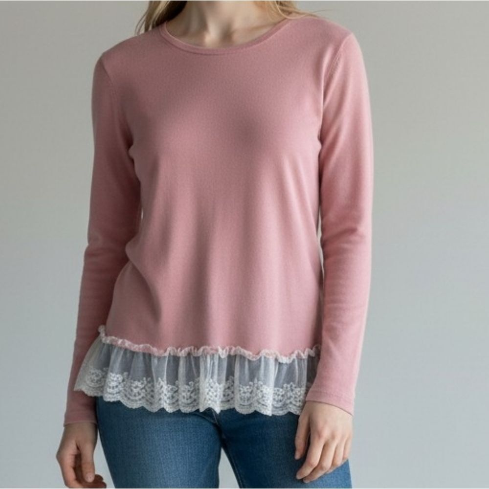 Soft Rose Pink Long Sleeve Top with Lace Frill Hem